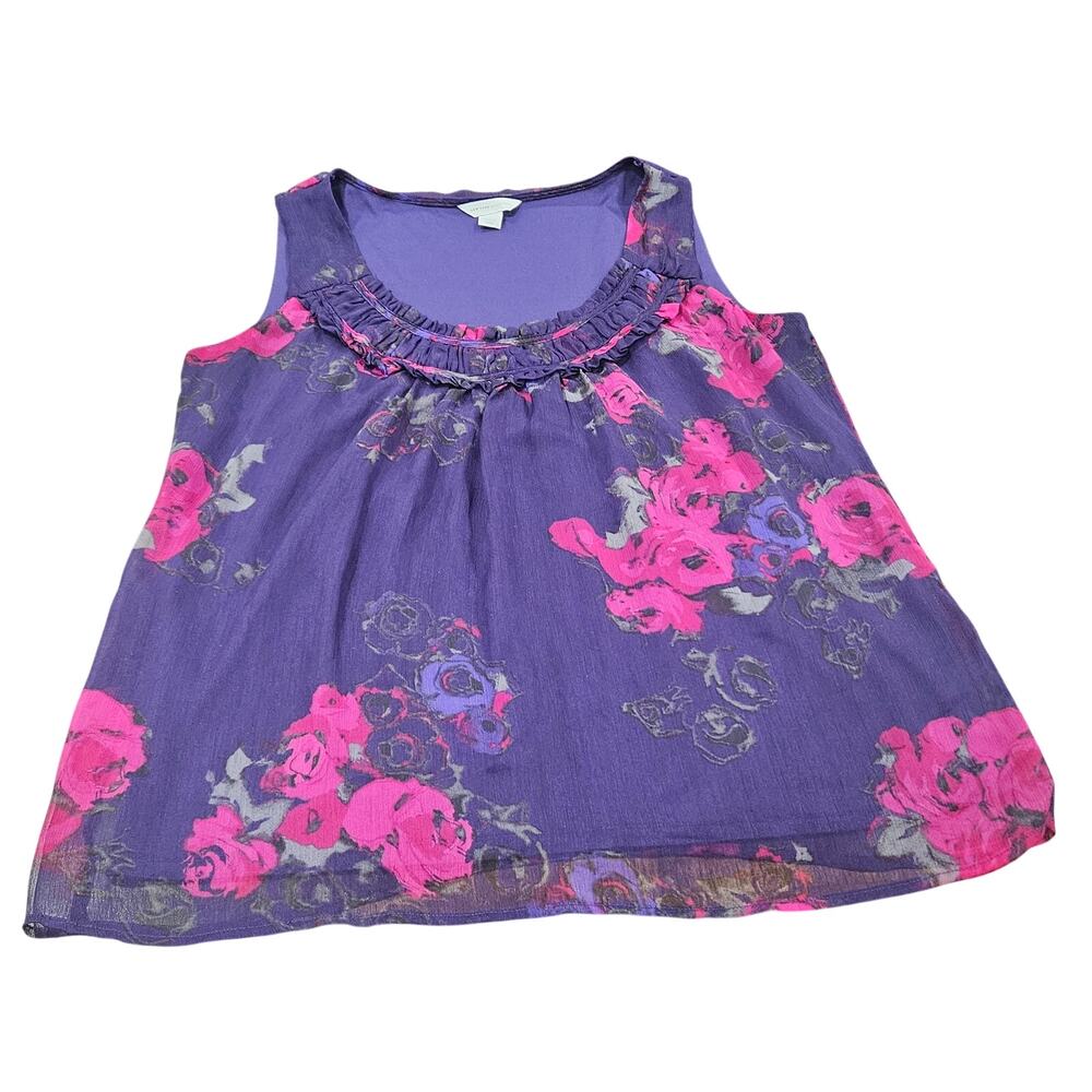 New York & Company Purple Floral Blouse L Ruched Y2K Dark Floral